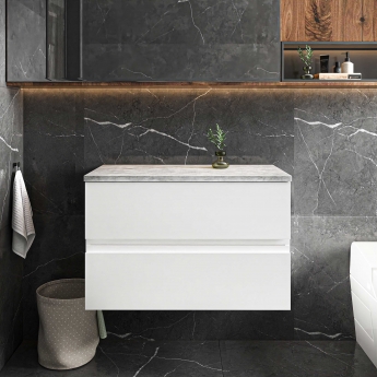 Hudson Reed Urban Wall Hung 2-Drawer Vanity Unit with Ballato Grey Worktop 800mm Wide - Satin White