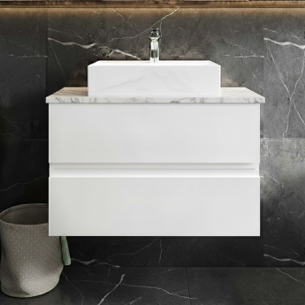 Hudson Reed Urban Wall Hung 2-Drawer Vanity Unit with Carrera Marble Worktop 800mm Wide - Satin White | Product Image