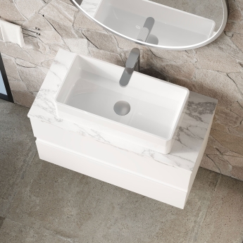 Hudson Reed Urban Wall Hung 2-Drawer Vanity Unit with Carrara Marble Worktop 800mm Wide - Satin White | Product Image