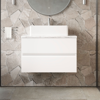 Hudson Reed Urban Wall Hung 2-Drawer Vanity Unit with Carrara Marble Worktop 800mm Wide - Satin White | Product Image