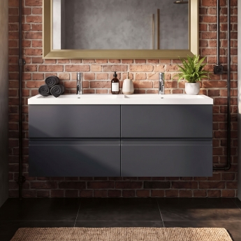 Hudson Reed Urban Wall Hung 4-Drawer Vanity Unit with Double Polymarble Basin 1200mm Wide - Satin Anthracite | Product Image