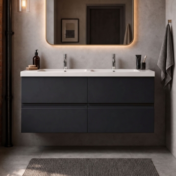 Hudson Reed Urban Wall Hung 4-Drawer Vanity Unit with Double Ceramic Basin 1200mm Wide - Satin Anthracite | Product Image
