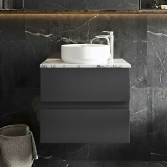 Hudson Reed Urban Wall Hung 2-Drawer Vanity Unit with Carrera Marble Worktop 600mm Wide - Satin Anthracite | Product Image