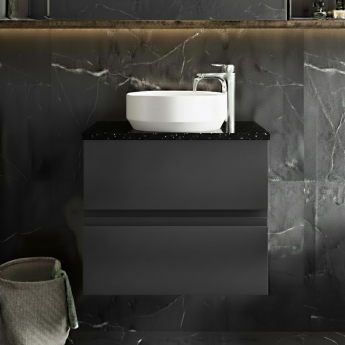 Hudson Reed Urban Wall Hung 2-Drawer Vanity Unit with Sparkling Black Worktop 600mm Wide - Satin Anthracite