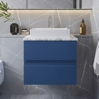 Hudson Reed Urban Wall Hung 2-Drawer Vanity Unit with Carrera Marble Worktop 600mm Wide - Satin Blue | Product Image