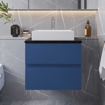Hudson Reed Urban Wall Hung 2-Drawer Vanity Unit with Sparkling Black Worktop 600mm Wide - Satin Blue