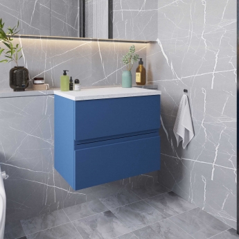 Hudson Reed Urban Wall Hung 2-Drawer Vanity Unit with Sparkling White Worktop 600mm Wide - Satin Blue