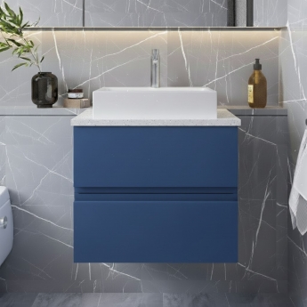 Hudson Reed Urban Wall Hung 2-Drawer Vanity Unit with Sparkling White Worktop 600mm Wide - Satin Blue