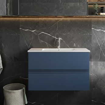 Hudson Reed Urban Wall Hung 2-Drawer Vanity Unit with Basin 2 Satin Blue - 800mm Wide