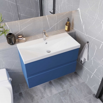 Hudson Reed Urban Wall Hung 2-Drawer Vanity Unit with Basin 3 Satin Blue - 800mm Wide