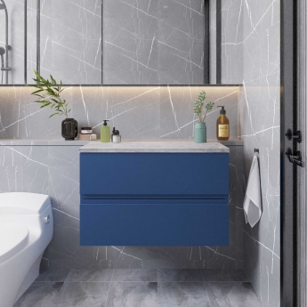 Hudson Reed Urban Wall Hung 2-Drawer Vanity Unit with Ballato Grey Worktop 800mm Wide - Satin Blue