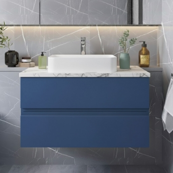 Hudson Reed Urban Wall Hung 2-Drawer Vanity Unit with Carrera Marble Worktop 800mm Wide - Satin Blue | Product Image