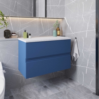 Hudson Reed Urban Wall Hung 2-Drawer Vanity Unit with Sparkling White Worktop 800mm Wide - Satin Blue | Product Image