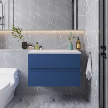 Hudson Reed Urban Wall Hung 2-Drawer Vanity Unit with Sparkling White Worktop 800mm Wide - Satin Blue | Product Image
