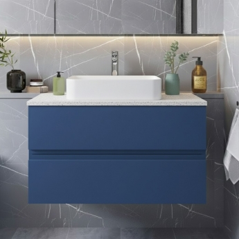 Hudson Reed Urban Wall Hung 2-Drawer Vanity Unit with Sparkling White Worktop 800mm Wide - Satin Blue | Product Image