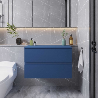 Hudson Reed Urban Wall Hung 2-Drawer Vanity Unit with Worktop 800mm Wide - Satin Blue