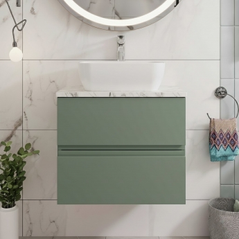 Hudson Reed Urban Wall Hung 2-Drawer Vanity Unit with Carrera Marble Worktop 600mm Wide - Satin Green | Product Image