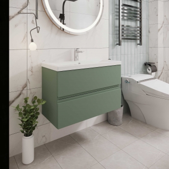 Hudson Reed Urban Wall Hung 2-Drawer Vanity Unit with Basin 1 Satin Green - 800mm Wide