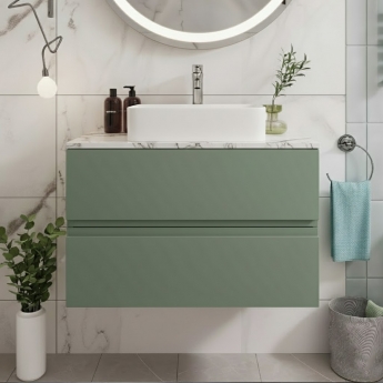 Hudson Reed Urban Wall Hung 2-Drawer Vanity Unit with Carrera Marble Worktop 800mm Wide - Satin Green | Product Image