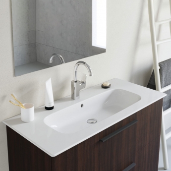 Ideal Standard I.Life A Wall Hung 2-Drawer Vanity Unit with Basin and Matt Black Handle 1040mm Wide - Coffee Oak