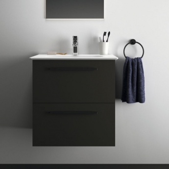 Ideal Standard I.Life A Wall Hung 2-Drawer Vanity Unit with Basin and Matt Black Handle 640mm Wide - Matt Carbon Grey