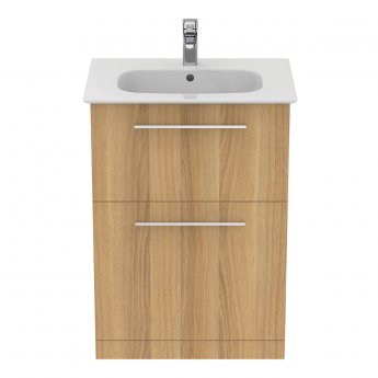 Ideal Standard I.Life A Floor Standing 2-Drawer Vanity Unit with Basin and Brushed Chrome Handle 640mm Wide - Natural Oak