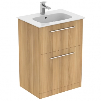 Ideal Standard I.Life A Floor Standing 2-Drawer Vanity Unit with Basin and Brushed Chrome Handle 640mm Wide - Natural Oak