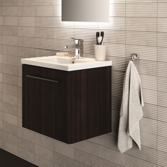 Ideal Standard I.Life S Compact Wall Hung 1-Drawer Vanity Unit with Basin and Matt Black Handle 500mm Wide - Coffee Oak