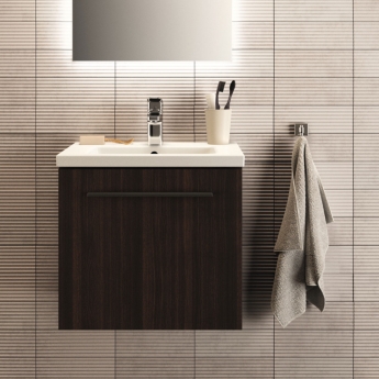 Ideal Standard I.Life S Compact Wall Hung 1-Drawer Vanity Unit with Basin and Matt Black Handle 500mm Wide - Coffee Oak
