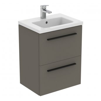 Ideal Standard I.Life S Compact Wall Hung 2-Drawer Vanity Unit with Basin and Matt Black Handle 500mm Wide - Matt Quartz Grey