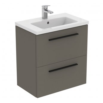 Ideal Standard I.Life S Compact Wall Hung 2-Drawer Vanity Unit with Basin and Matt Black Handle 600mm Wide - Matt Quartz Grey