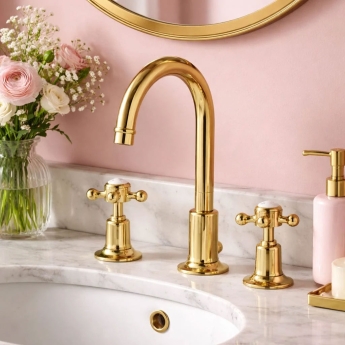 JTP Grosvenor 3-Hole Basin Mixer Tap Cross Handle - Polished Gold | Product Image
