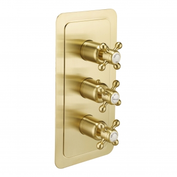 JTP Grosvenor Cross Vertical Thermostatic Concealed 2 Outlets Shower Valve Triple Handle - Brushed Brass