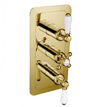 JTP Grosvenor Lever Vertical Thermostatic Concealed 2 Outlets Shower Valve Triple Handle - Polished Gold/White | Product Image