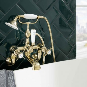 JTP Grosvenor Pinch Wall Mounted Bath Shower Mixer Tap with Shower Kit - Polished Gold/White | Product Image