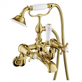 JTP Grosvenor Pinch Wall Mounted Bath Shower Mixer Tap with Shower Kit - Polished Gold/White | Product Image