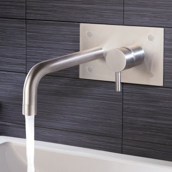 JTP Inox 2-Hole Wall Mounted Basin Mixer Tap with Backplate - Stainless Steel