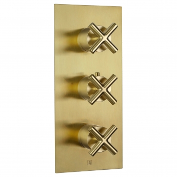 JTP Solex Vertical Thermostatic Concealed 2 Outlet Shower Valve Triple Handle - Brushed Brass | Product Image