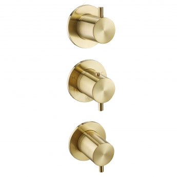 JTP Vos Modular Vertical Thermostatic Concealed 2 Outlet Shower Valve Triple Handle - Brushed Brass | Product Image