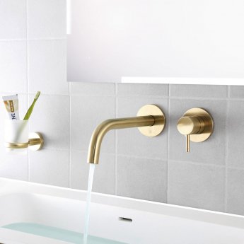 JTP Vos 2-Hole Wall Mounted Basin Mixer Tap 150mm Spout Reach - Brushed Brass
