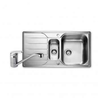 Leisure Albion 1.5 Bowl Stainless Steel Kitchen Sink with Aquaflow 1 Tap & Waste Kit 950mm L x 508mm W - Satin | Product Image