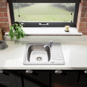 Leisure Compact Square 1.0 Bowl Stainless Steel Kitchen Sink with Waste Kit 580mm L x 480mm W - Satin