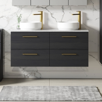 Nuie Arno Wall Hung 4-Drawer Vanity Unit with Bellato Grey Worktop 1200mm Wide - Charcoal Black Woodgrain | Product Image