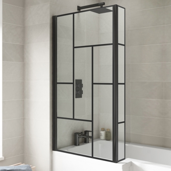 Nuie Abstract Matt Black Framed L-Shaped Bath Screen 1430mm H x 795mm W - 6mm Glass