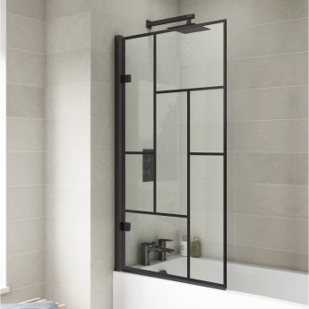 Nuie Abstract Matt Black Framed Hinged Bath Screen 1520mm H x 830mm W - 8mm Glass