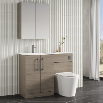 Nuie Arno LH Combination Unit with L-Shaped Stone Basin 1100mm Wide - Solace Oak | Product Image