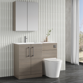 Nuie Arno LH Combination Unit with L-Shaped Stone Textured Basin 1100mm Wide - Solace Oak | Product Image