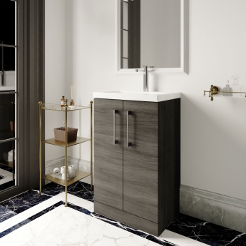 Nuie Arno Compact Floor Standing 2-Door Vanity Unit with Ceramic Basin 500mm Wide - Anthracite Woodgrain