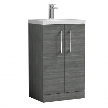 Nuie Arno Compact Floor Standing 2-Door Vanity Unit with Polymarble Basin 500mm Wide - Anthracite Woodgrain
