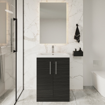 Nuie Arno Compact Floor Standing 2-Door Vanity Unit with Polymarble Basin 600mm Wide - Charcoal Black Woodgrain